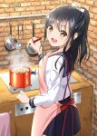  1girl :d absurdres apron bangs black_hair blue_collar blue_skirt brick brown_eyes collar cooking feet from_behind frying_pan hair_between_eyes hair_ribbon high_ponytail highres holding holding_ladle hominotsu indoors kitchen ladle long_hair looking_at_viewer looking_back mixer_(cooking) open_mouth original pink_apron ponytail pot ribbon sailor_collar school_uniform shirt skirt smile solo stove swimsuit upper_teeth white_ribbon white_shirt 