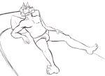  age_difference anthro barefoot beard bed black_and_white briefs bulge canid canine canis clothed clothing facial_hair furniture male mammal monochrome mustache navel older_male pillow simple_background sketch smile solo thegreatmatsutzu topless underwear white_background wolf 