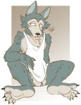  2021 anthro areola balls barefoot beastars black_eyes blue_nose blush border bottomless bottomless_anthro bottomless_male brown_background bulge canid canine canis chest_tuft claws clothed clothing dilated_pupils fur genitals grey_body grey_fur half-closed_eyes hi_res legoshi_(beastars) looking_aside looking_away male mammal mostly_nude multicolored_body multicolored_fur narrowed_eyes nipples pecs pink_tongue presenting_balls presenting_bulge sharp_claws shirt shirt_only simple_background sitting skinny solo spread_legs spreading tan_body tan_fur tank_top tbid toe_claws tongue tongue_out topwear topwear_only tuft white_border wolf 