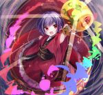  1girl bangs bowl eyebrows_visible_through_hair full_body highres holding holding_mallet holding_sword holding_weapon in_container japanese_clothes kimono light_particles long_sleeves mallet miracle_mallet moshihimechan no_hat no_headwear open_mouth purple_hair rainbow_order red_eyes red_kimono sash short_hair smile solo sukuna_shinmyoumaru sword touhou v-shaped_eyebrows weapon wide_sleeves 