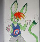  5_fingers anthro buckteeth clothed clothing dipodid dipstick_ears female fingers freckles fur green_body green_fur hair hi_res jerboa keenadraws long-eared_jerboa long_ears long_tail mammal multicolored_ears open_mouth pawpads portrait red_hair rocky_(keenadraws) rodent simple_background smile solo teeth traditional_media_(artwork) 
