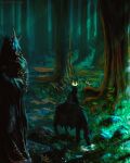  1boy anatofinnstark artist_name black_cloak cloak crown floating floating_object forest glowing glowing_eye grass hood hood_up hooded_cloak horse lord_of_the_rings nature nazgul night outdoors red_eyes riding scenery sitting statue tree 