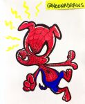  2_toes absurd_res anthro clothed clothing costume curled_tail domestic_pig feet hi_res keenadraws male mammal marker_(artwork) marvel mask simple_background solo spider-ham spider-ham_(character) spider-man:_into_the_spider-verse spider-man_(series) spider_sense suid suina superhero sus_(pig) toes toony traditional_media_(artwork) white_background 