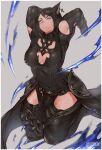  absurdres blue_eyes breasts cleavage commission final_fantasy final_fantasy_xiv gunbreaker_(final_fantasy) highres ibuo_(ibukht1015) miqo&#039;te muscular muscular_female plump teeth thighs 