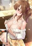  1girl areola_slip areolae bangs bare_shoulders blurry blurry_background blurry_foreground blush breasts brown_hair cellphone cleavage collarbone commentary_request cowboy_shot depth_of_field floral_print food food_on_face highres idolmaster idolmaster_cinderella_girls indoors large_breasts long_hair long_sleeves looking_down mk_(mod0) off-shoulder_shirt off_shoulder open_mouth phone print_skirt red_eyes ribbon shirt side_ponytail skirt smartphone solo_focus spaghetti_strap totoki_airi white_ribbon white_shirt yellow_skirt 