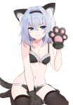 1girl animal_ear_fluff animal_ears bare_arms bare_shoulders black_bra black_legwear black_panties blue_eyes bra breasts cat_ears cat_girl cat_tail closed_mouth collarbone gloves hairband hand_up lingerie looking_at_viewer medium_hair navel no_shoes panties paw_gloves paws ryuuou_no_oshigoto! shichimiyagin silver_hair simple_background sitting small_breasts solo sora_ginko stomach tail thighhighs underwear underwear_only v-shaped_eyebrows wariza white_background 