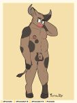  absurd_res balls big_balls blush bovid bovine brown_body brown_fur cattle foreskin fur genitals green_eyes hi_res hooves horn looking_at_viewer male mammal nipples penis promedio simple_background slightly_chubby solo spots uncut 
