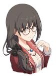  1girl alice_gear_aegis black_hair black_scrunchie blush brown_eyes commentary_request garyu_emi glasses highres jewelry necklace pinakes round_eyewear scrunchie shirt simple_background smile solo upper_body white_background white_shirt 