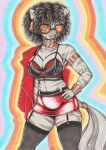  5_fingers absolute_territory afro anthro anthrofied black_hair bottomwear bra bracelet breasts cleavage clothed clothing colorful colorful_background ear_piercing equid equine eyewear fingers friendship_is_magic fur garter_straps grey_body grey_fur hair hand_on_hip hasbro hi_res jacket jewelry legwear longinius looking_at_viewer mammal miniskirt my_little_pony navel neck_ring piercing skirt solo squish stockings striped_body striped_fur stripes sunglasses thigh_highs thigh_squish topwear underwear zebra zecora_(mlp) 
