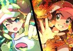  2girls ;d absurdres bangs baseball_cap blush brown_hair clenched_hand clenched_teeth commentary double_bun eyelashes hat highres hilda_(pokemon) looking_at_viewer multiple_girls one_eye_closed open_mouth pointing pokemon pokemon_(game) pokemon_bw pokemon_bw2 pon_yui raglan_sleeves rosa_(pokemon) shirt sidelocks smile split_screen teeth tongue v-shaped_eyebrows vest visor_cap wristband 