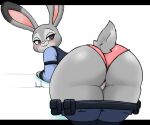  absurd_res anthro bent_over big_butt blush butt clothed clothing clothing_aside disney female fur genitals grey_body grey_fur hi_res jhenightfox judy_hopps lagomorph leporid looking_back mammal panties panties_aside pants_down partially_clothed pussy rabbit simple_background solo thick_thighs underwear underwear_aside white_background zootopia 