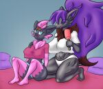  &lt;3 accessory anthro bed big_breasts blue_eyes breasts brush clothing duo elizabeth_(jmf) female fur furniture grey_body grey_fur hair hair_accessory hairbrush hairpin hi_res jmf long_hair nintendo nipple_outline panties pillow pink_hair pok&eacute;mon pok&eacute;mon_(species) purple_hair shirt smile topwear underwear video_games wide_hips zabrina_(afc) zoroark zorua 