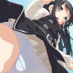  1girl asashio_(kancolle) belt black_hair blue_eyes blush breasts commentary_request dd_(ijigendd) dress eyebrows_visible_through_hair from_below highres kantai_collection long_hair long_sleeves looking_at_viewer neck_ribbon open_mouth panties pantyshot pinafore_dress red_neckwear remodel_(kantai_collection) ribbon school_uniform shirt simple_background small_breasts solo sweatdrop underwear white_shirt 