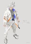 1boy alternate_costume coat collarbone covered_abs dragon_ball dragon_ball_super full_body grey_eyes highres ksuke_(k-taro31) looking_at_viewer male_focus mature_male open_clothes open_coat pants pectorals shirt short_hair silver_hair skin_tight solo son_goku spiked_hair super_saiyan taut_clothes taut_shirt toned toned_male ultra_instinct white_coat white_pants white_theme 