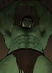  1boy abs armpit_hair armpits bara beard black_hair brown_male_underwear bulge chest_hair colored_skin cowboy_shot facial_hair fangs from_below green_skin hairy highres jang_ju_hyeon large_pectorals leg_hair loincloth looking_at_viewer male_focus mature_male monster_boy muscular muscular_male navel navel_hair nipples orc original reward_available short_hair solo stomach thick_thighs thighs 