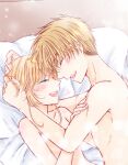  1boy 1girl :d antenna_hair bed_sheet blonde_hair blush brown_hair cardcaptor_sakura closed_eyes collarbone completely_nude couple hand_in_hair hetero kanaoto_neiro kinomoto_sakura li_xiaolang lying nude on_back open_mouth pillow short_hair short_hair_with_long_locks sidelocks signature smile upper_body 