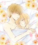  1boy 1girl bed_sheet blonde_hair blush brown_hair cardcaptor_sakura closed_eyes collarbone couple flower from_above hetero kanaoto_neiro kinomoto_sakura li_xiaolang lying nude on_back open_mouth parted_lips pink_flower short_hair_with_long_locks sidelocks sketch sleeping under_covers upper_body yellow_flower 