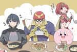  1girl 3boys apron bangs black_gloves breasts byleth_(fire_emblem) byleth_(fire_emblem)_(male) captain_falcon chest_jewel earrings f-zero fingerless_gloves fire_emblem fire_emblem:_three_houses food gloves hair_ornament headpiece helmet highres hotatechoco_(hotariin) jewelry kirby kirby_(series) large_breasts multiple_boys pyra_(xenoblade) red_eyes red_hair red_legwear red_shorts short_hair short_shorts shorts smile super_smash_bros. swept_bangs thighhighs tiara xenoblade_chronicles_(series) xenoblade_chronicles_2 