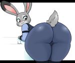  absurd_res anthro bent_over big_butt butt clothing disney female fur grey_body grey_fur hi_res jhenightfox judy_hopps lagomorph leporid looking_back mammal rabbit simple_background solo thick_thighs tight_clothing white_background zootopia 