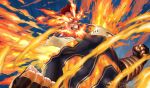  1boy 4o080_yotabnc abs action beard boku_no_hero_academia clenched_teeth commentary_request constricted_pupils facial_hair fiery_background fiery_hair fighting_stance fire flaming_eye highres male_focus muscular mustache skin_tight solo spiked_hair teeth todoroki_enji 