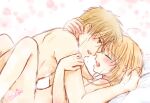  1boy 1girl arm_around_neck blonde_hair brown_eyes brown_hair cardcaptor_sakura closed_eyes completely_nude from_side half-closed_eyes hetero implied_sex kanaoto_neiro kinomoto_sakura li_xiaolang lying missionary nude on_back open_mouth saliva saliva_trail short_hair_with_long_locks shoulder_blades sidelocks sketch tears 