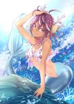  1girl antlers bokutachi_wa_benkyou_ga_dekinai brown_eyes brown_hair dark_skin dark_skinned_female head_fins highres looking_at_viewer mermaid monster_girl ocean official_art short_hair smile solo takemoto_uruka tan tsutsui_taishi underwater 