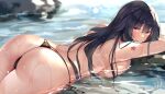  1girl ass azuma_(azur_lane) azur_lane bangs bikini bikini_bottom black_bikini black_hair breasts closed_mouth commentary crossed_bangs day eyebrows_visible_through_hair hair_between_eyes highres light_blush long_hair looking_at_viewer lying on_stomach outdoors signature smile solo string_bikini sunlight swimsuit tan tanline tattoo topless u_ronnta water wet wet_hair yellow_eyes 