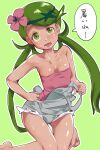  1girl ass_visible_through_thighs bangs bare_shoulders barefoot blush breasts commentary_request dark_skin dark_skinned_female flower green_background green_eyes green_hair green_hairband hair_flower hair_ornament hairband head_tilt hot jpeg_artifacts kneeling knees_together_feet_apart long_hair mallow_(pokemon) open_mouth outline overalls overalls_pull pink_flower pink_shirt pokemon pokemon_(game) pokemon_sm shiny shiny_hair shiny_skin shirt simple_background skindentation small_breasts solo strapless sweat swept_bangs teeth tied_hair tongue trial_captain tubetop twintails very_long_hair white_outline zaitsu 