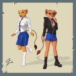  anthro anthrofied blue_eyes boots breasts brown_hair cheek_tuft cleavage clothed clothing disney duo ear_piercing facial_tuft felid female footwear fur gauged_ear hair hi_res jace_apollo kiara leather leather_clothing lion looking_at_another looking_back mammal multicolored_body multicolored_fur necktie open_mouth open_smile pantherine piercing red_eyes school school_uniform simple_background smile socks standing stripes tail_tuft teenager the_lion_king tuft two_tone_body two_tone_fur uniform vitani yellow_sclera young 