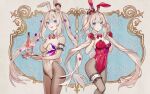  animal_ears blue_eyes bow bowtie breasts bunny_ears bunny_girl bunny_tail covered_navel fake_animal_ears fake_tail fate_(series) fishnet_legwear fishnets highleg highleg_leotard highres koshika_rina leotard looking_at_viewer marie_antoinette_(fate) medium_breasts playboy_bunny red_leotard strapless strapless_leotard tail twintails white_hair white_leotard 