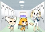  aggressive_retsuko ailurid anthro blush borzoi canid canine canis clothed clothing clothing_lift domestic_dog dress dress_lift female fennec fenneko fox fur genitals group hunting_dog inui_(aggressive_retsuko) konami_yung locker_room mammal navel no_underwear one_eye_closed open_mouth open_smile orange_body orange_fur pussy red_panda retsuko sanrio sighthound smile striped_tail stripes tan_body tan_fur tongue tongue_out undressing wink 