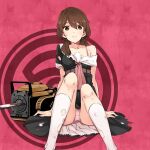  1girl bangs belt black_dress bra_strap brown_belt brown_eyes brown_hair bruise character_request closed_mouth collarbone dress eyebrows_visible_through_hair hair_between_eyes injury kaijin_reijou kneehighs long_hair looking_at_viewer low_twintails official_art panties pink_panties red_background shiny shiny_hair short_dress sitting smile socks tashiro_tetsuya torn_clothes torn_dress torn_legwear twintails underwear white_legwear 