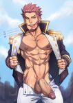  1boy :p abs bara bare_pecs blue_eyes brown_hair chest_hair erection facial_hair fate/grand_order fate_(series) goatee highres jacket large_pectorals large_penis long_sideburns male_focus male_pubic_hair mature_male muscular muscular_male napoleon_bonaparte_(fate) navel navel_hair nipples no_scar open_clothes open_jacket open_pants pants penis pubic_hair short_hair sideburns solo soynutts stomach testicles thighs tongue tongue_out uncensored veins veiny_penis white_pants 