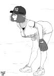  1girl absurdres ankle_socks ball bangs baseball baseball_cap baseball_jersey baseball_mitt baseball_uniform bent_over blunt_bangs borrowed_character breasts character_name clothes_writing full_body greyscale hat highres holding holding_ball huge_breasts monochrome nike norman_maggot original rina_atherina shoes short_hair sneakers solo sportswear 