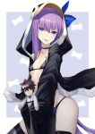  1girl animal_hood bangs banned_artist bare_shoulders bikini black_bikini black_jacket blue_bow blue_eyes blush bow breasts choker collarbone fate/grand_order fate_(series) fujimaru_ritsuka_(male) greaves hood hood_up jacket kyoeiki long_hair long_sleeves looking_at_viewer meltryllis_(fate) meltryllis_(swimsuit_lancer)_(fate) open_clothes open_jacket penguin_hood prosthesis prosthetic_leg purple_hair sleeves_past_fingers sleeves_past_wrists small_breasts smile stuffed_toy swimsuit thighs tongue tongue_out very_long_hair 