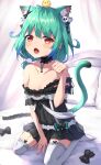  1girl :o absurdres ahoge animal_ear_fluff animal_ears bangs bare_shoulders between_legs black_bow black_dress blush bow breasts cat_ears cat_girl cat_tail collarbone commentary_request curtains dress ear_piercing eyebrows_visible_through_hair fang garter_straps green_hair hair_between_eyes hand_between_legs hand_up highres hololive long_hair low_twintails masaki_(msk064) off-shoulder_dress off_shoulder on_bed open_mouth paw_pose piercing pillow red_eyes sitting small_breasts solo tail thighhighs twintails uruha_rushia virtual_youtuber wariza white_legwear 