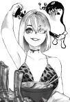  1girl animal_print arm_up armpits azelweien bare_shoulders bikini bleeding blood bowl chopsticks collarbone extra_eyes fingernails food greyscale grin guro highres holding holding_nail horror_(theme) impaled injury leopard_print monochrome monster motion_lines nail original oversized_object ribs_(food) sharp_teeth short_hair simple_background slit_throat smile swimsuit teeth tongue tongue_out white_background 
