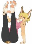  anthro barefoot blonde_hair brown_body brown_fur butt claws evanrude feet felid feline female foot_focus fur hair hi_res legs_up looking_at_viewer lynx mammal pawpads paws pupils red_eyes simple_background slit_pupils soles solo toe_claws toes yoga_pants 