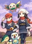  1boy 1girl black_hair closed_mouth cloud commentary_request cyndaquil eyelashes female_protagonist_(pokemon_legends:_arceus) floating_scarf gen_2_pokemon gen_5_pokemon gen_7_pokemon grass grey_eyes hand_on_headwear hat head_scarf highres holding holding_poke_ball makoto_ikemu male_protagonist_(pokemon_legends:_arceus) oshawott outdoors poke_ball poke_ball_(legends) pokemon pokemon_(game) pokemon_legends:_arceus red_headwear red_scarf rowlet sash scarf short_hair sidelocks signature sky smile standing 