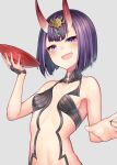  1girl :d bangs bare_shoulders blush bob_cut breasts bridal_gauntlets collarbone cup eyeliner fangs fate/grand_order fate_(series) headpiece highres horns kamidanomi looking_at_viewer makeup navel oni oni_horns open_mouth purple_eyes purple_hair revealing_clothes sakazuki short_hair shuten_douji_(fate) skin-covered_horns small_breasts smile 