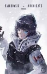 1girl absurdres arknights artist_name black_hair blue_eyes breath canadian_flag character_name chinese_commentary coat copyright_name frost_(rainbow_six_siege) fur-trimmed_coat fur_trim gloves hand_up highres long_sleeves military mole mole_under_eye rainbow_six_siege short_hair snow snowing solo tactical_clothes vest woollen_cap yuan_long 