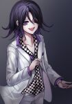  1boy :d bangs black_hair checkered checkered_scarf collarbone commentary_request cowboy_shot danchu_(danchu0628) danganronpa_(series) danganronpa_10th_anniversary_costume danganronpa_v3:_killing_harmony gradient gradient_background grey_background hair_between_eyes hair_over_one_eye highres jacket long_sleeves looking_at_viewer male_focus official_alternate_costume one_eye_closed open_clothes open_jacket open_mouth ouma_kokichi pants pink_shirt purple_eyes purple_hair scarf shirt short_hair smile solo upper_teeth vest white_jacket white_pants white_vest 