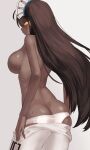  1girl ass bangs black_hair blue_archive breasts dark_skin dark_skinned_female highres karin_(blue_archive) large_breasts long_hair looking_at_viewer maid_headdress moros panties pantyhose pantyhose_pull sideboob simple_background solo sweat topless underwear white_background white_legwear white_panties yellow_eyes 