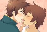  2boys bangs blush brown_eyes brown_hair cape character_request check_character collarbone commentary_request facing_another floral_background french_kiss green_cape hand_up kinu_(le) kiss kono_subarashii_sekai_ni_shukufuku_wo! looking_at_another male_focus multiple_boys satou_kazuma selfcest shirt short_hair sweatdrop tongue tongue_out white_shirt yaoi 