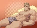  1boy abs absurdres arm_hair bara beard bulge chest_hair facial_hair feet_out_of_frame fire_emblem grey_shorts hairy highres jeralt_reus_eisner large_pectorals leg_hair light_brown_hair lying male_focus mature_male muscular muscular_male navel nipples on_back scar scar_on_cheek scar_on_face shirtless short_hair shorts solo stomach thick_thighs thighs undercut whyhelbram 