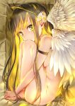  1girl angel angel_wings armlet blonde_hair breasts daisy feathered_wings flower hair_flower hair_ornament halo highres knees_on_chest leg_hug light_brown_hair long_hair looking_at_viewer mitake_eil nude original small_breasts very_long_hair wings yellow_eyes 