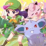  1girl arm_up belt blurry blurry_background blush brown_legwear closed_mouth commentary_request gen_1_pokemon green_headwear hat holding jigglypuff long_hair music musical_note nidoran nidoran_(female) picnicker_(pokemon) pokemon pokemon_(creature) pokemon_(game) pokemon_lgpe potion_(pokemon) purple_hair short_sleeves singing smile socks tom_(pixiv10026189) 