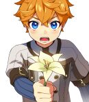  1boy bangs blue_eyes blush child chisuke_1104 crossed_bangs flower genshin_impact hair_between_eyes holding holding_flower long_sleeves looking_at_viewer open_mouth orange_hair simple_background solo tartaglia_(genshin_impact) white_background white_flower younger 