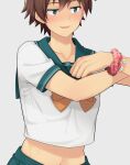  1boy bangs blush bracelet brown_hair collarbone commentary_request cowboy_shot crop_top crossdressing green_eyes green_sailor_collar green_skirt grey_background jewelry kinu_(le) kono_subarashii_sekai_ni_shukufuku_wo! male_focus male_underwear midriff navel open_mouth pink_scrunchie sailor_collar satou_kazuma school_uniform scrunchie short_hair short_sleeves simple_background skirt smile solo underwear wrist_scrunchie 