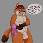  2017 anthro apron balls belly big_belly black_nose blue_eyes blush brown_body brown_fur brown_hair canid canine chubby_male claws clothing dialogue disney embarrassed english_text flaccid foreskin fox fur genitals gideon_grey gloves_(marking) grey_background hair hands_together hi_res humanoid_genitalia humanoid_penis looking_at_viewer male mammal markings munchbucket navel nervous nipples nude open_mouth orange_body orange_fur penis pinup pose shy simple_background slightly_chubby solo speech_bubble standing teeth text uncut vein veiny_penis white_body white_fur zootopia 